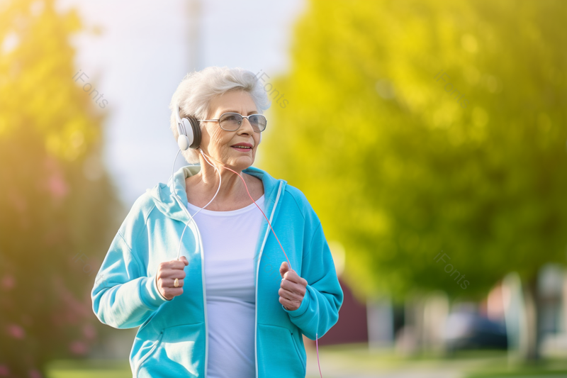 在公园晨练的跑步奶奶听音乐,高清,摄影图,摄影图片,图片大全,摄影图免费下载